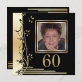 黒と金ゴールドのフローラ60th誕生日の招待 招待状 (正面/裏面)