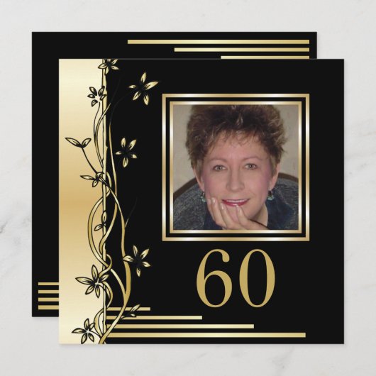 黒と金ゴールドのフローラ60th誕生日の招待 招待状 (正面/裏面)