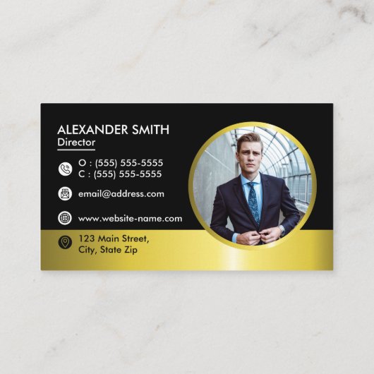 黒と金ゴールドのプロフェッショナル会社のロゴ写真の追加 名刺 (裏面)