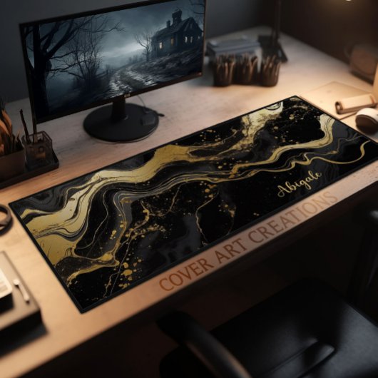 黒と金ゴールドのマーブルテクスチパーソナライズされたャ デスクマット