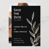 黒と金ゴールドのリーフウェディング日付を保存 招待状 (正面/裏面)