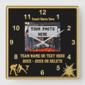 黒と金ゴールドのレスリングクロックあなたの写真、文字 スクエア壁時計 (正面)