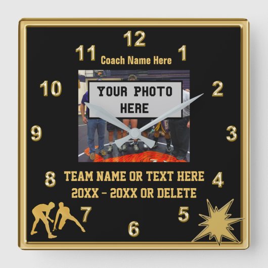 黒と金ゴールドのレスリングクロックあなたの写真、文字 スクエア壁時計 (正面)