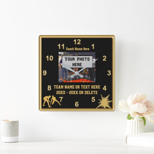 黒と金ゴールドのレスリングクロックあなたの写真、文字 スクエア壁時計 (ホーム)