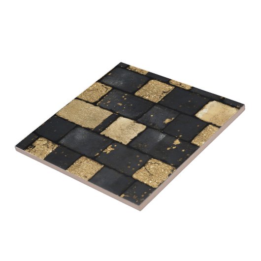 黒と金ゴールドのレンガのパターン タイル (側面)