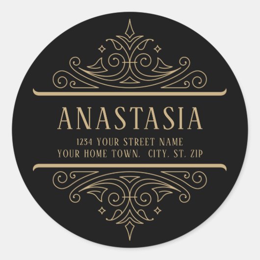 黒と金ゴールドのヴィンテージゴシックの渦巻きアドレス ラウンドシール (正面)