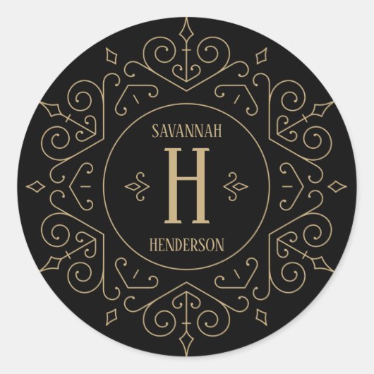 黒と金ゴールドのヴィンテージゴシックの渦巻きモノグラム ラウンドシール (正面)