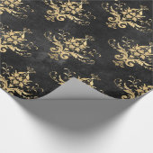 黒と金ゴールドのヴィンテージダマスクパターン ラッピングペーパー (角)