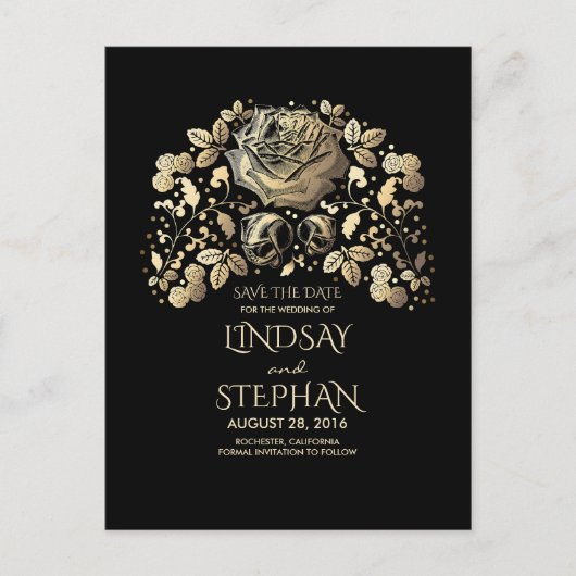 黒と金ゴールドのヴィンテージフローラ日付の保存 案内ポストカード (正面)