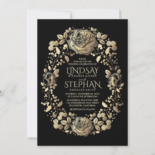黒と金ゴールドのヴィンテージフローラ結婚リース 招待状 (正面)