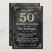 黒と金ゴールドのヴィンテージ50誕生日 招待状 (正面/裏面)