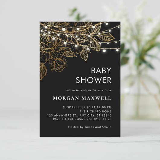 黒と金ゴールドの上品なモダン赤エレガントちゃんシャワー 招待状 (スタンド正面)