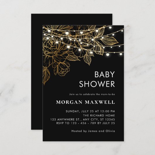 黒と金ゴールドの上品なモダン赤エレガントちゃんシャワー 招待状 (正面/裏面)