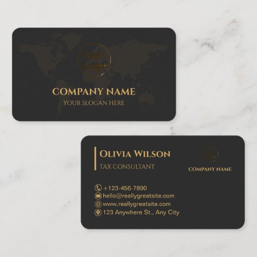 黒と金ゴールドの世界地図プロフェッショナル 名刺 (正面/裏面)