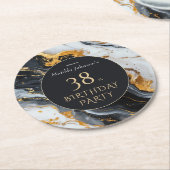 黒と金ゴールドの任意の年齢誕生日 ラウンドペーパーコースター (アングル)