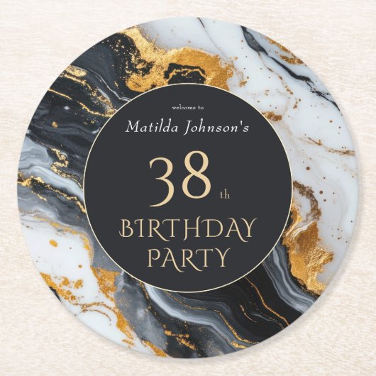 黒と金ゴールドの任意の年齢誕生日 ラウンドペーパーコースター (正面)