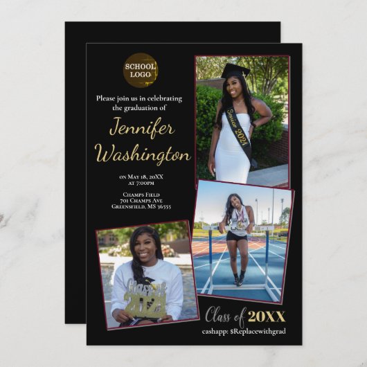 黒と金ゴールドの写真の卒業招待状 招待状 (正面/裏面)