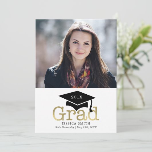 黒と金ゴールドの写真の卒業発表 案内状 (スタンド正面)