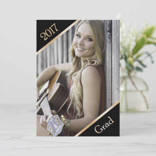 黒と金ゴールドの写真の卒業発表 案内状 (スタンド正面)