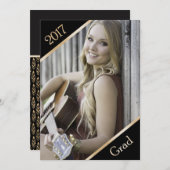 黒と金ゴールドの写真の卒業発表 案内状 (正面/裏面)