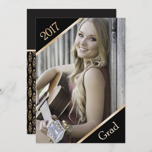 黒と金ゴールドの写真の卒業発表 案内状 (正面/裏面)