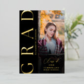 黒と金ゴールドの写真の卒業箔の発表 箔招待状 (立ち正面)