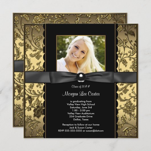 黒と金ゴールドの写真の卒業 招待状 (正面/裏面)