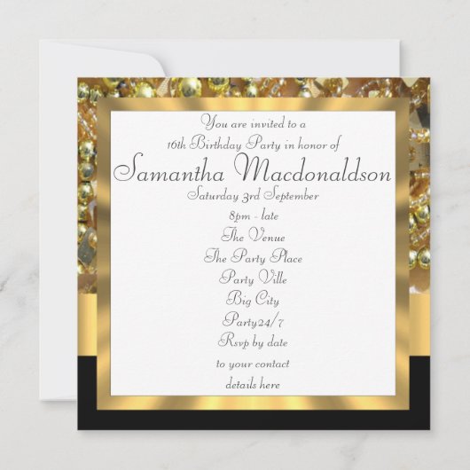 黒と金ゴールドの写真テンプレートsweet sixteen 招待状 (裏面)