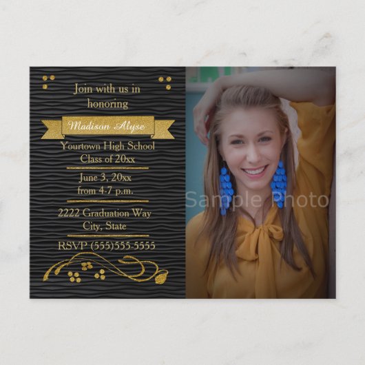 黒と金ゴールドの写真卒業パーティーカード インビテーションポストカード (正面)