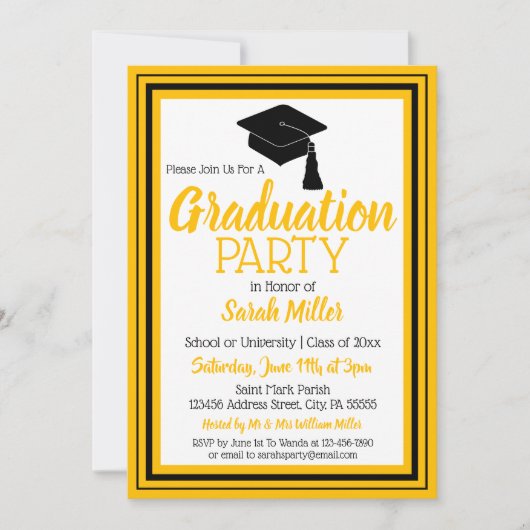 黒と金ゴールドの写真卒業パーティー 招待状 (正面)