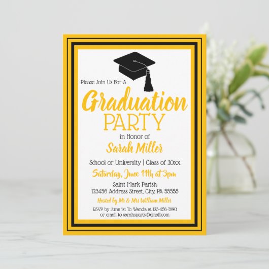 黒と金ゴールドの写真卒業パーティー 招待状 (スタンド正面)