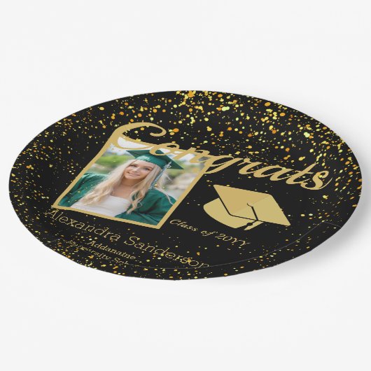黒と金ゴールドの卒業シニアフォトクラス20xx、 ペーパープレート (アングル)