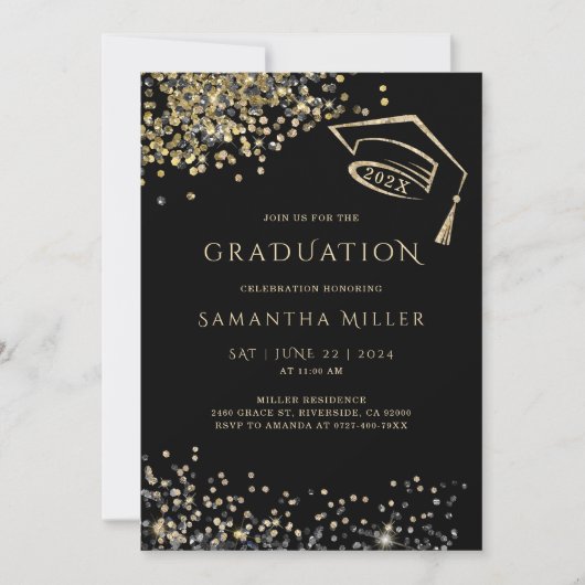 黒と金ゴールドの卒業テンプレート 招待状 (正面)