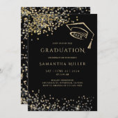 黒と金ゴールドの卒業テンプレート 招待状 (正面/裏面)