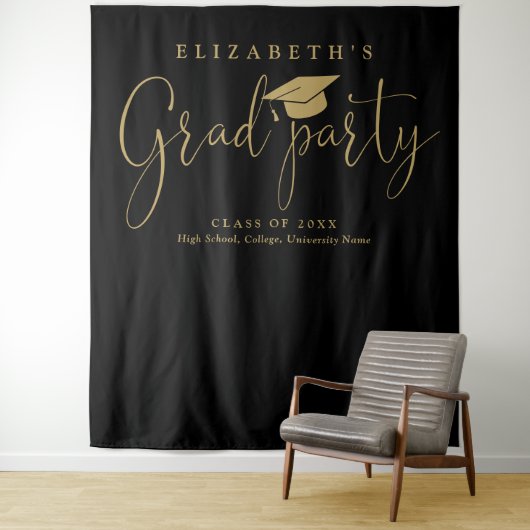 黒と金ゴールドの卒業パーティーの写真の背景 タペストリー (インサイチュ)