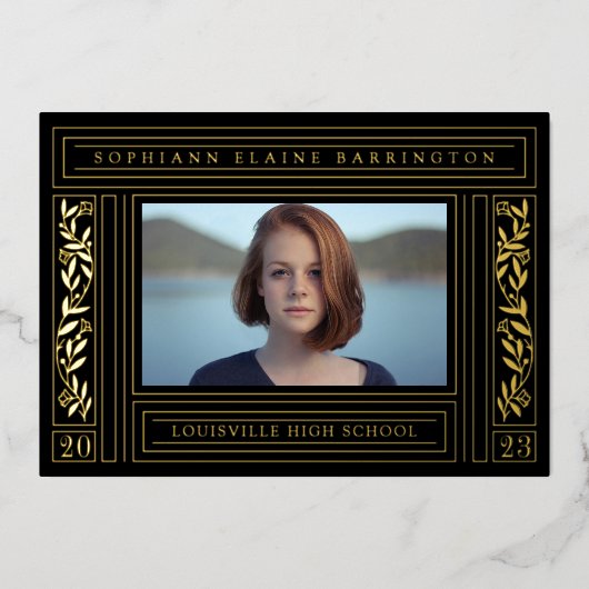 黒と金ゴールドの卒業写真のお知らせ 箔招待状 (正面)