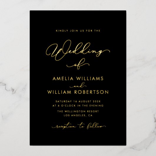 黒と金ゴールドの台本の書結婚跡 箔招待状 (正面)