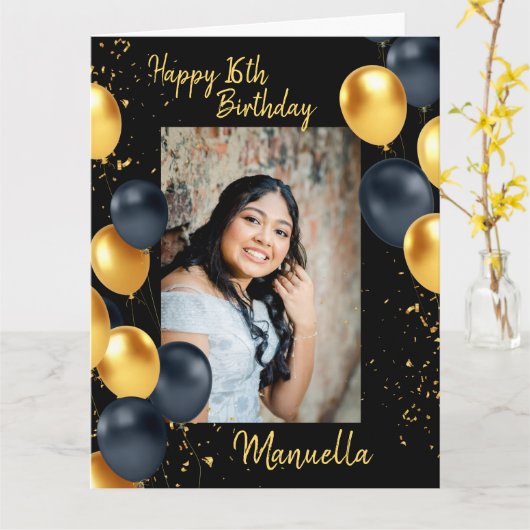 黒と金ゴールドの吹き出し1枚の誕生日カード カード (黄色い花)