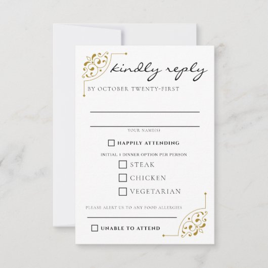 黒と金ゴールドの国の結婚式食品の選択 出欠カード (正面)