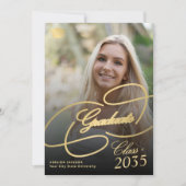 黒と金ゴールドの大学院のスクリプト写真の卒業 案内状 (正面)