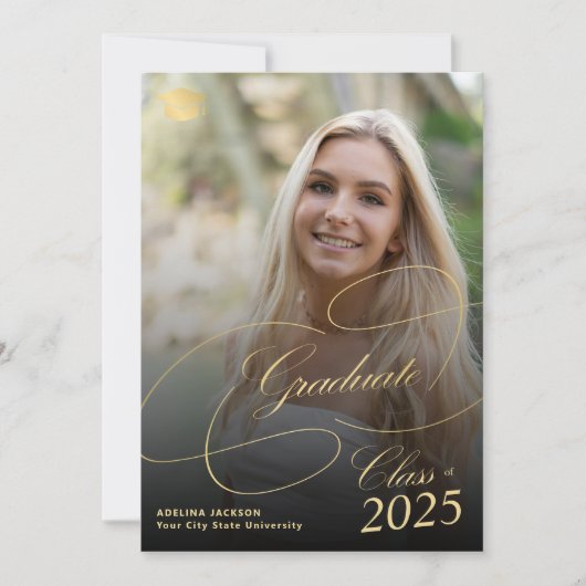 黒と金ゴールドの大学院のスクリプト写真の卒業 案内状 (正面)