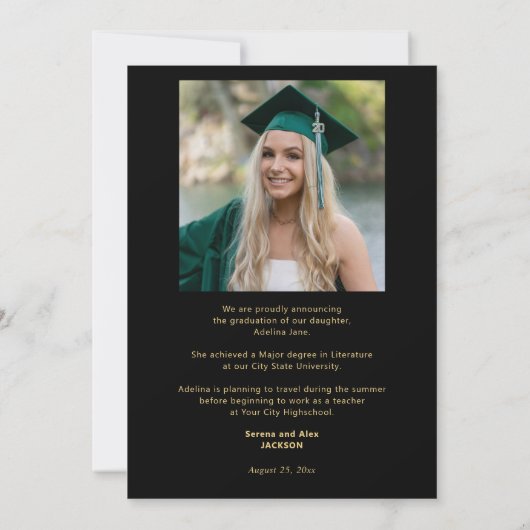 黒と金ゴールドの大学院のスクリプト写真の卒業 案内状 (裏面)