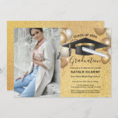 黒と金ゴールドの大学院大学院卒業パーティーの写真 招待状 (正面/裏面)