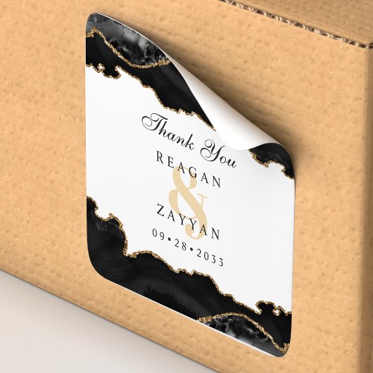 黒と金ゴールドの大理石のアガテモダンエレガントな結婚式 スクエアシール