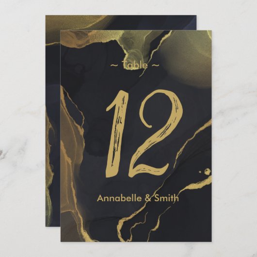 黒と金ゴールドの大理石のテーブル番号 招待状 (正面/裏面)