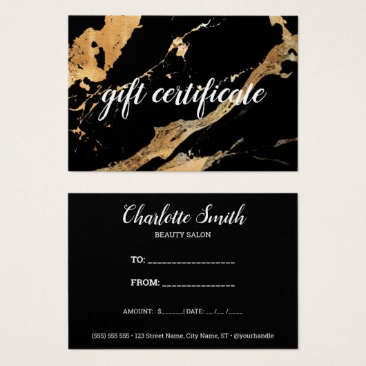 黒と金ゴールドの大理石のビジネスのギフト証明書 (正面&裏面)