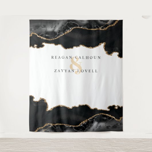 黒と金ゴールドの大理石のモダンアゲ結婚ートの写真 タペストリー (正面)