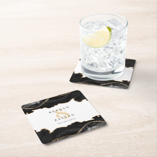 黒と金ゴールドの大理石アゲート結婚ズ スクエアペーパーコースター (インサイチュ)