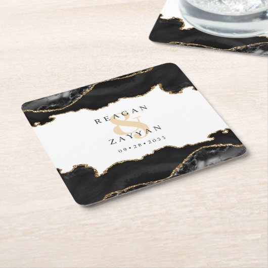 黒と金ゴールドの大理石アゲート結婚ズ スクエアペーパーコースター (アングル)