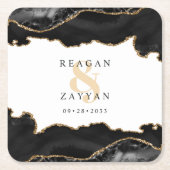 黒と金ゴールドの大理石アゲート結婚ズ スクエアペーパーコースター (正面)
